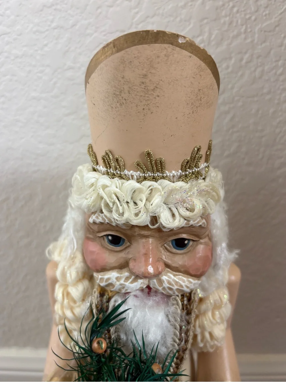 Vintage Wooden Santa Claus Nutcracker Figurine White Gold Elegant Holiday Decor